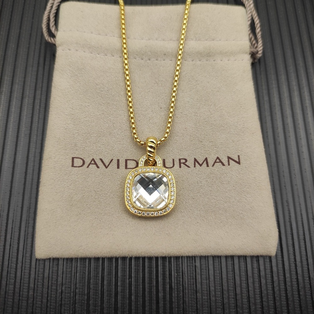 David Yurman Gold and White Diamond Necklace with Square Diamond Center
